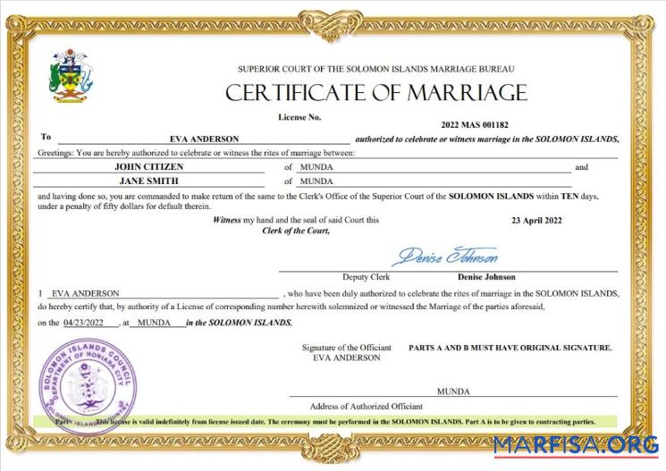 Blank Solomon Islands marriage certificate Word and PDF template